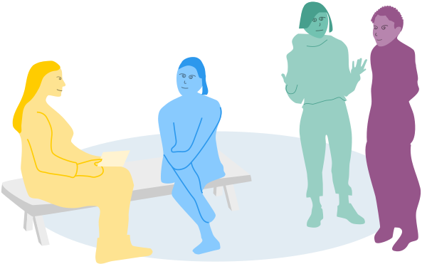 Illustration of 4 people standing around chatting.