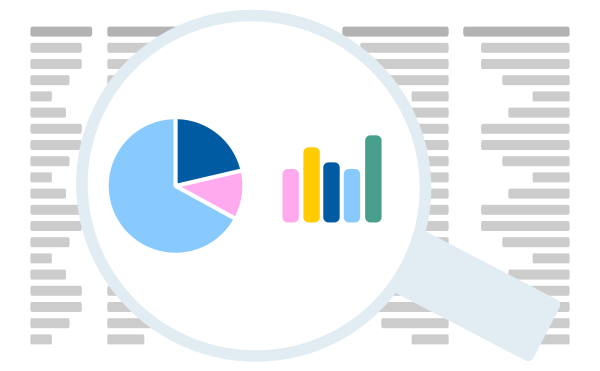 Illustration of a spreadsheet. Above it is a magnifying glass and in the glass are a pie chart and a bar chart.