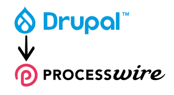 Drupal logo with arrow to ProcessWire logo.