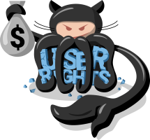 Give Up GitHub logo: a cartoon illustration of a evil looking GitHub mascot  grabbing a sack of money and crumbling the words User Rights.