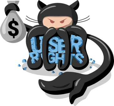 Give Up GitHub logo: a cartoon illustration of a evil looking GitHub mascot  grabbing a sack of money and crumbling the words User Rights.