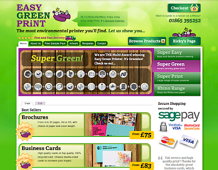 Screenshot of the website, as-was. It's busy, dense and bright, with a cartoon rhino, buttons everywhere!